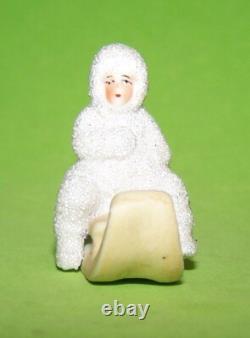 Antique Hertwig German Bisque Snow Babies Girl On Sled Molded Clothes Coralene