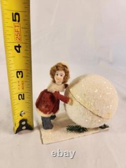 Antique Heubach Spun Cotton Bisque Head Girl Snowball Candy Container Christmas