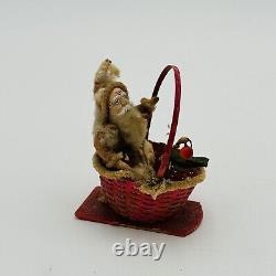 Antique Miniature German Paper Mache Santa Claus In Basket C. 1920 RARE