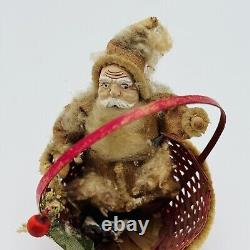 Antique Miniature German Paper Mache Santa Claus In Basket C. 1920 RARE