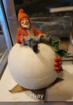 Antique Santa Candy Container Sitting on Large Snowball Made Germany Paper Mache