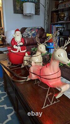 Antique Vintage Santa Sleigh & Reindeer Blow Mold Plastic Union 1960's RARE HTF
