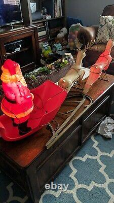 Antique Vintage Santa Sleigh & Reindeer Blow Mold Plastic Union 1960's RARE HTF