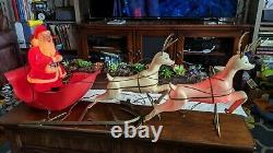 Antique Vintage Santa Sleigh & Reindeer Blow Mold Plastic Union 1960's RARE HTF