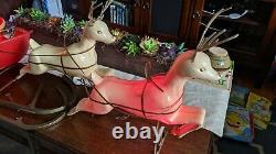 Antique Vintage Santa Sleigh & Reindeer Blow Mold Plastic Union 1960's RARE HTF