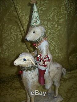 BETHANY LOWE MERRY CHRISTMAS HOLIDAY TEDDY BEAR on LAMB FIGURE by VICKIE SMYERS