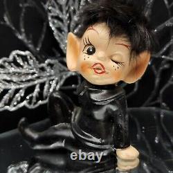 Black Elf Figurine Fur Hair Pointy Ears DABS Japan 60s Pixie Naughty Winking