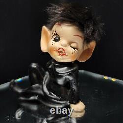 Black Elf Figurine Fur Hair Pointy Ears DABS Japan 60s Pixie Naughty Winking