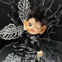 Black Elf Figurine Fur Hair Pointy Ears DABS Japan 60s Pixie Naughty Winking