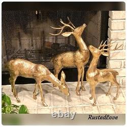 Brass Deer Large Set 2 Bucks 1 Doe Holiday Christmas Reindeer set 22 18 13.5