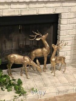 Brass Deer Large Set 2 Bucks 1 Doe Holiday Christmas Reindeer set 22 18 13.5