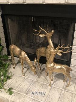 Brass Deer Large Set 2 Bucks 1 Doe Holiday Christmas Reindeer set 22 18 13.5
