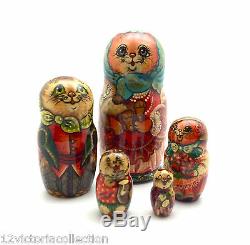CAT Family Russian Hand Carved Hand Painted UNIQUE Nesting Doll Set