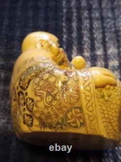 Carved resin Buddah with playing children figure. Finely crafted, signed. Rare