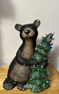 Ceramic Brown Bear hugging a Christmas Tree 17 Tall Faux Snow Paint RARE