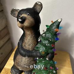 Ceramic Brown Bear hugging a Christmas Tree 17 Tall Faux Snow Paint RARE