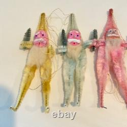 Chenille Santa Elf Composite/Clay Face Ornaments Lot 4 Gold, Pink, Blue, White