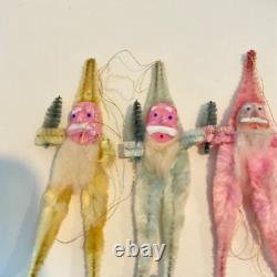 Chenille Santa Elf Composite/Clay Face Ornaments Lot 4 Gold, Pink, Blue, White