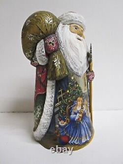 Christmas SANTA Russian Wooden Hand Carved Hand Painted, Signed 11 in. Tall
