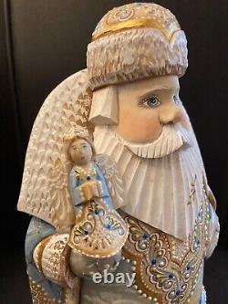 Christmas SANTA Russian Wooden Hand Carved Hand Painted, Signed 11 tall