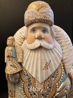Christmas SANTA Russian Wooden Hand Carved Hand Painted, Signed 11 tall