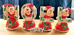 Christmas girls NOEL ceramic figurines red dress Brinnco holly Japan set of 4