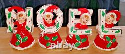 Christmas girls NOEL ceramic figurines red dress Brinnco holly Japan set of 4