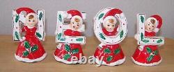 Christmas girls NOEL ceramic figurines red dress Brinnco holly Japan set of 4