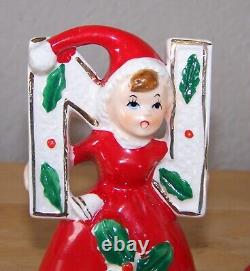 Christmas girls NOEL ceramic figurines red dress Brinnco holly Japan set of 4