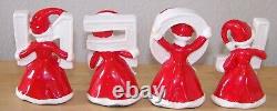 Christmas girls NOEL ceramic figurines red dress Brinnco holly Japan set of 4