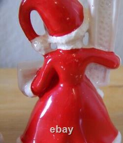 Christmas girls NOEL ceramic figurines red dress Brinnco holly Japan set of 4