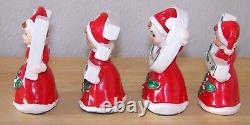 Christmas girls NOEL ceramic figurines red dress Brinnco holly Japan set of 4