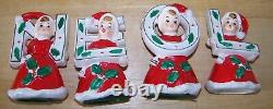 Christmas girls NOEL ceramic figurines red dress Brinnco holly Japan set of 4