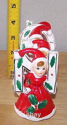 Christmas girls NOEL ceramic figurines red dress Brinnco holly Japan set of 4