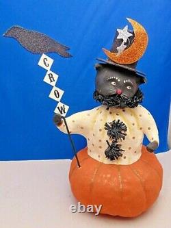 Dee Foust for Bethany Lowe Halloween Black Cat Pumpkin Tophat & Crow, 12 Tall