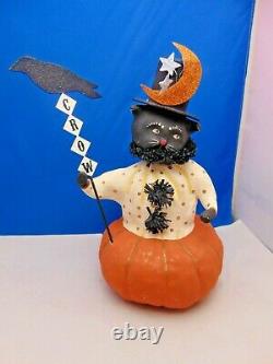 Dee Foust for Bethany Lowe Halloween Black Cat Pumpkin Tophat & Crow, 12 Tall