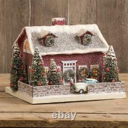 Deep Red Cape Cod Christmas Village House with White Sedan Car