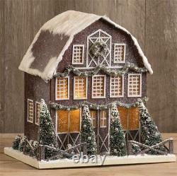 Deep Red Gabled Farmhouse Barn Christmas Village House Draped with Garland