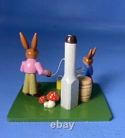 Erzgebirge Wood Carved Rabbits Father/Son Water Pump Lady Bug Mushrooms in Box