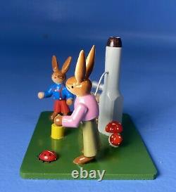 Erzgebirge Wood Carved Rabbits Father/Son Water Pump Lady Bug Mushrooms in Box