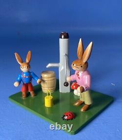 Erzgebirge Wood Carved Rabbits Father/Son Water Pump Lady Bug Mushrooms in Box