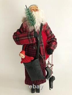 FOLK ART HANDMADE CHRISTMAS SANTA With FEATHER TREE PRIMITIVE BUFFALO PLAID 16