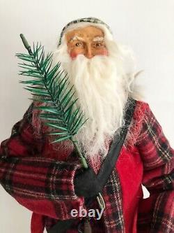 FOLK ART HANDMADE CHRISTMAS SANTA With FEATHER TREE PRIMITIVE BUFFALO PLAID 16