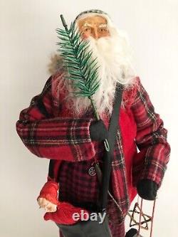 FOLK ART HANDMADE CHRISTMAS SANTA With FEATHER TREE PRIMITIVE BUFFALO PLAID 16