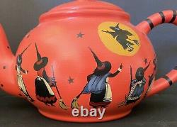 Fabulous Artist OOAK Witch Halloween Tea Pot 11 Witches Moon Flying Rare Signed