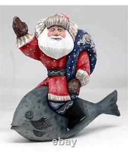 G. DeBrekht, Woodcarved Hand Painted Santa on Whale Figurine #6/250