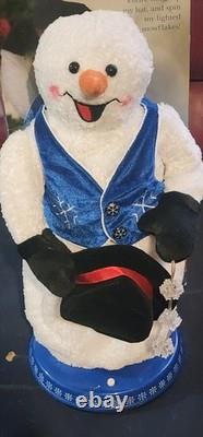 Gemmy Snowflake Spinning Snowman Plush with Blue Vest In Box