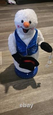 Gemmy Snowflake Spinning Snowman Plush with Blue Vest In Box