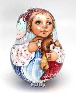 Girl with Teddy Bear Roly Poly Russian Hand Carved Hand Painted noNesting DOLL