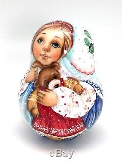 Girl with Teddy Bear Roly Poly Russian Hand Carved Hand Painted noNesting DOLL